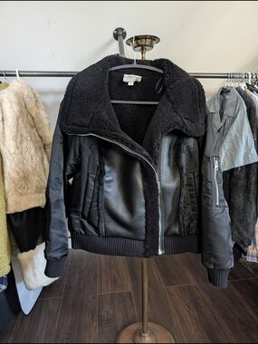 Jason Wu Black Vegan Leather Shearling Fur Aviator Bomber Jacket L